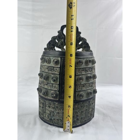 Antique Chinese Dynasty Bronze Ware Xizhou 2 Dragon Ear Clock Bell Zhong statue - Picture 9 of 9